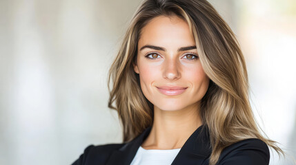 a close up head shot portrait of a mixed race  business woman on plain white background