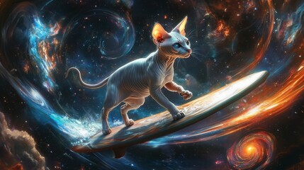Poster - A white Sphynx cat with blue eyes stands on a large surfboard, riding through space. The cat is looking to the right, with its ears perked up