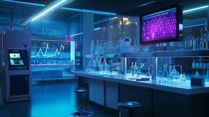 Poster - The well-equipped laboratory features an array of glassware illuminated by blue lighting