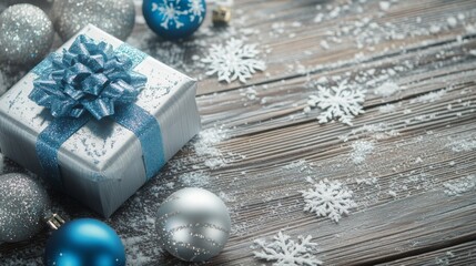 Poster - A silver gift box with a blue bow sits on a wooden surface. Snowflakes are scattered on the wood. Other blue and silver ornaments can be seen in the image.