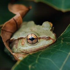 A close-up of a frog perfectly camouflaged against a leaf, nearly invisible