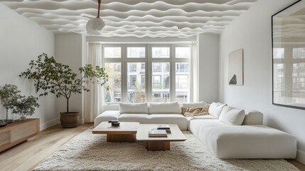 Poster - This contemporary living room features a unique wavy ceiling design and large windows allowing ample natural light