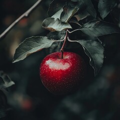 Poster - A close-up of a shiny red apple hanging from an apple tree branch, with leaves framing the scene