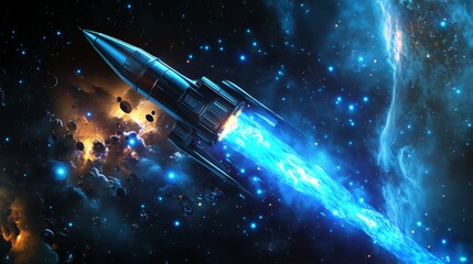 Aufkleber - A sleek rocket navigates the vibrant expanse of a galaxy, leaving a bright blue trail as it moves through the interstellar space, surrounded by shimmering stars and nebulae.