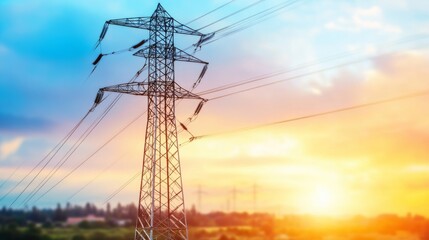 Poster - Power Line Tower at Sunset with Cloudy Sky