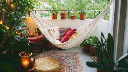 Poster - A serene balcony features a soft hammock adorned with colorful cushions, surrounded by lush green plants and warm candlelight, creating a tranquil evening retreat for relaxation.