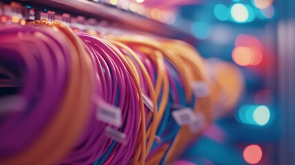 Poster - Bundles of vibrant internet cables are neatly arranged within a server rack, with labeled tags visible. Blue LED lights create a sleek and modern ambiance