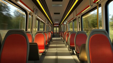 Aufkleber - Interior of an Empty Train with Red Seats