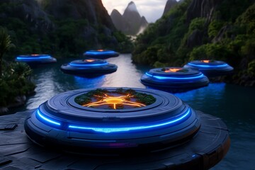 Poster - Fantasy depiction of a utopian future city, with floating structures, glowing energy sources, and nature intertwined with advanced technology