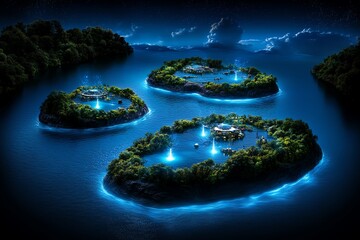 Poster - Fantasy depiction of a utopian future city, with floating structures, glowing energy sources, and nature intertwined with advanced technology