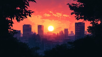Poster - Sunset over Urban Skyline with Vibrant Colors