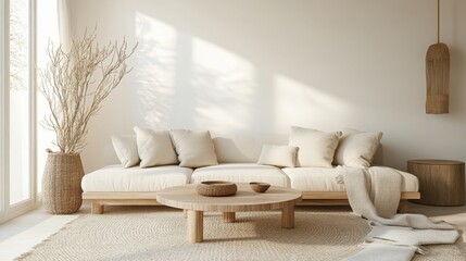 Poster - A cozy living room showcases a light-colored sofa adorned with cushions, a round wooden coffee table, and a woven rug. Natural light filters through large windows, enhancing the serene atmosphere.