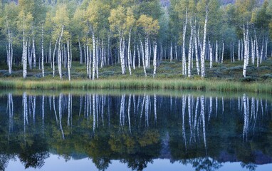 Wall Mural - A group of birch trees reflected in a still pond, their white trunks glowing in the early morning light