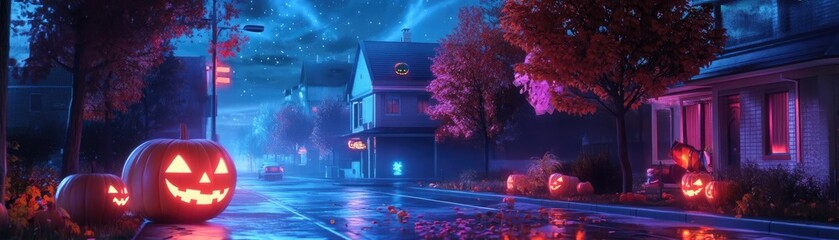 Eerie Halloween scene featuring glowing pumpkins, a misty atmosphere, and charming houses under a night sky.