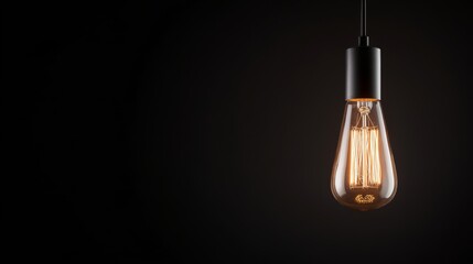 Poster - A classic incandescent light bulb hangs from a thin wire, its filament glowing softly and casting a warm orange light while emphasizing the glass's elegant shape against a dark backdrop