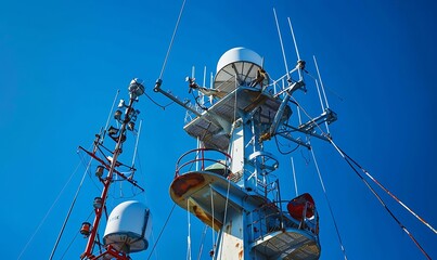 Antenna on the top of a military ship with blue sky background