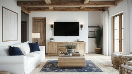 Poster - A beautifully designed living room features wooden beams, a light sofa, and a rustic wooden coffee table. Natural light floods the space, enhancing the cozy atmosphere and stylish decor elements.