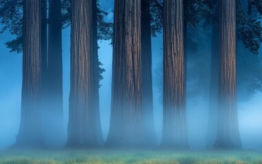 Poster - A group of redwood trees shrouded in mist, their enormous trunks disappearing into the fog