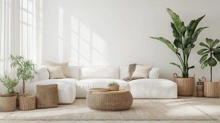 Poster - A cozy living room features white sofas adorned with cushions, surrounded by lush indoor plants in woven baskets. Natural light floods the space, enhancing the serene and inviting atmosphere.
