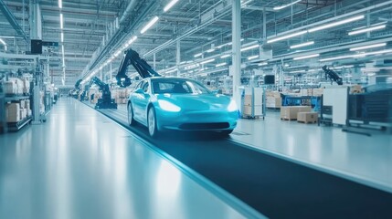 Poster - A modern, automated warehouse featuring robotic arms sorting and moving goods along a conveyor belt system under bright industrial lighting. --chaos 70
