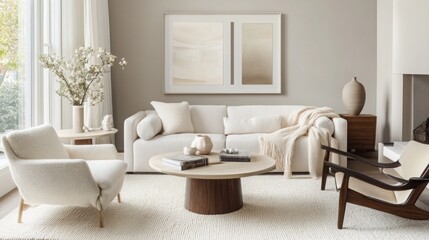 Poster - This stylish living room showcases a contemporary design with a soft color palette, plush furniture, and elegant decor elements