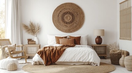 Poster - A minimalistic bedroom features a large woven wall hanging, a comfortable bed with earthy-toned pillows, and natural decor elements. Sunlight filters through the window, creating a warm atmosphere.