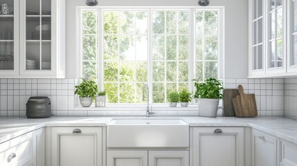Poster - Sunlight streams through large windows in a bright kitchen, highlighting a spacious sink and lush plants on the windowsill, creating a fresh and inviting atmosphere perfect for cooking.