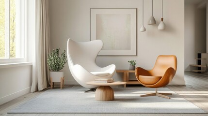 Poster - A modern living room features two egg-shaped chairs, one white and one brown leather, facing each other. A small wooden coffee table sits between the chairs