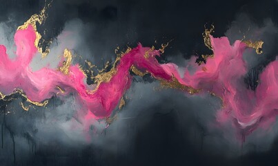 Wall Mural - An abstract painting with pink and gold accents flows across a dark background, Generative AI