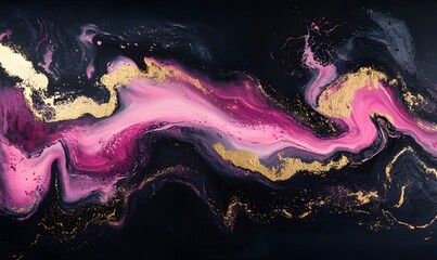 Wall Mural - An abstract painting with pink and gold accents flows across a dark background, Generative AI