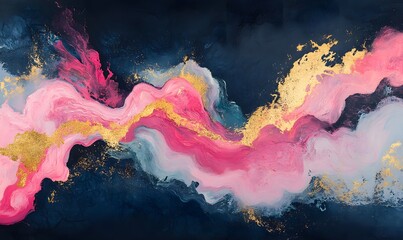 Wall Mural - An abstract painting with pink and gold accents flows across a dark background, Generative AI