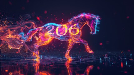Fototapete - A vibrant neon horse composed of glowing light trails runs against a dark background. The number 206 is prominently displayed on the horse, with abstract light effects adding dynamic energy to the