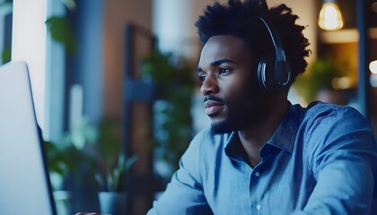 Poster - A Black Man Wearing Headphones Uses a Computer