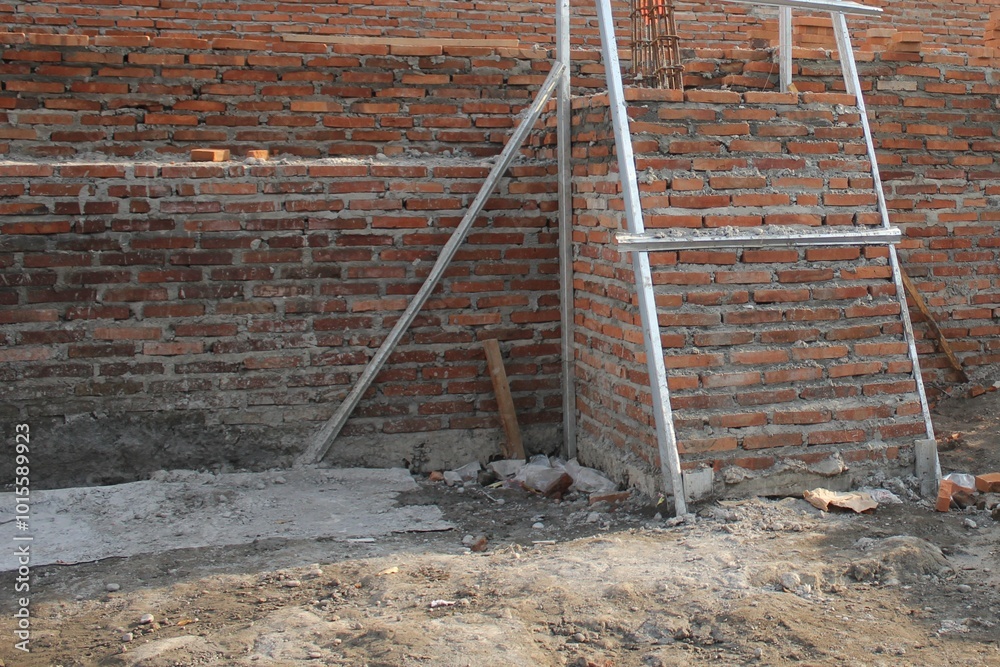 Curated visual reference: Gallery Detail: Unfinished Red Brick Wall Construction Site With Metal Support Beams