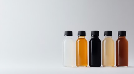Poster - This composition features four glass bottles in transparent, amber, black, and frosted white, elegantly labeled and capped, ideal for showcasing various products against a light gray background