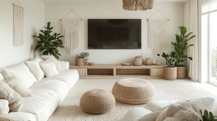 Poster - A spacious living room features a comfortable white sofa, various greenery, and a sleek television. Natural materials like woven furniture and macrame hangings enhance the warm, inviting ambiance.