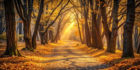 Golden forest path with fallen leaves and dappled sunlight