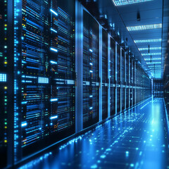 blue illuminated server room data center corridor - technology concept