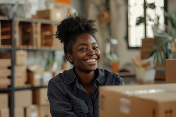 Happy young black female Handling shipping and logistics in startup company office