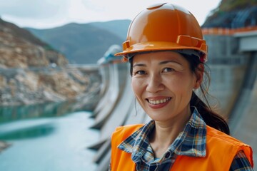 Portrait of a smiling middle aged female engineer at hydroelectric plant