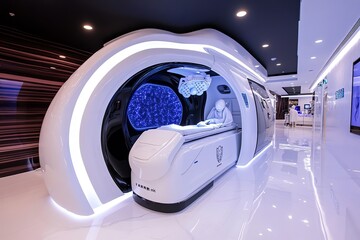 Poster - Futuristic healthcare facility with advanced AI and robotic surgery systems, showing how technology is reshaping tomorrowâ€™s medical care