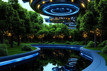 Poster - Futuristic landscape of a floating city above a forest, with advanced technology and glowing lights illuminating the trees below