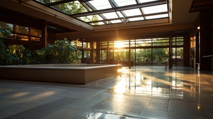 Poster - The spacious spa area features a large stone hot tub partially set in the floor, surrounded by lush tropical plants. Natural light floods through the skylight, enhancing the serene atmosphere