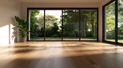 Poster - This spacious living room features large glass sliding doors that open to a serene garden, with sunlight creating beautiful patterns on the wooden floor