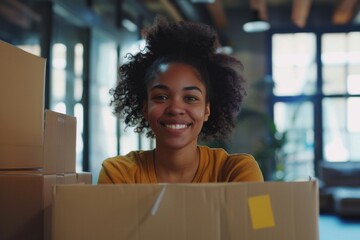 Happy young black female Handling shipping and logistics in startup company office