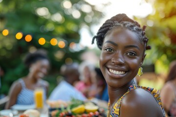 Portrait of a smiling young black woman attending a barbecue on a summer day