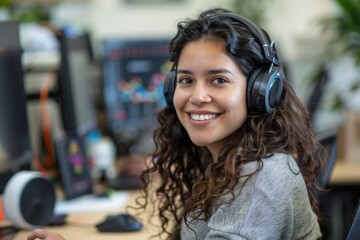 Portrait of a smiling young hispanic female IT support worker in startup company office