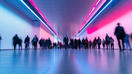 Poster - Visitors navigate through a striking gallery filled with vibrant neon blue and pink lights. The smooth white walls enhance the energetic atmosphere, enveloping everyone in creativity