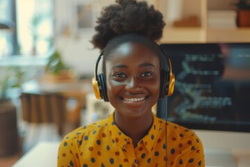 Portrait of a smiling young black female IT support worker in startup company office