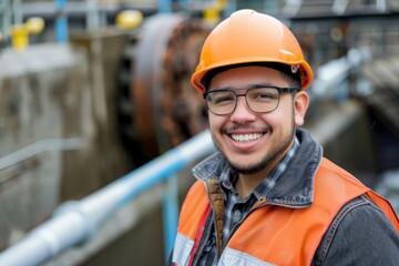 Portrait of a smiling young Hispanic male engineer at hydroelectric plant